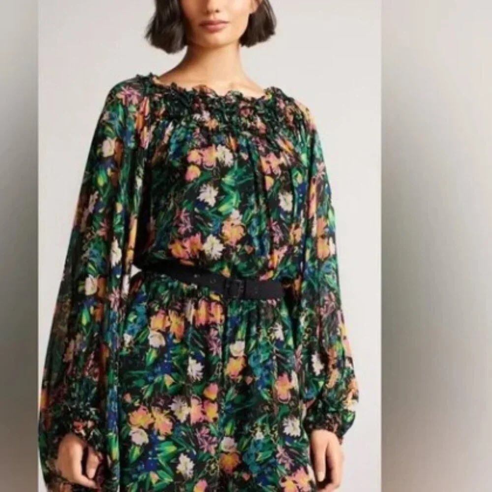 Ted Baker Romper Women 4 Black Verine Floral Smocked Long Sleeve Boho